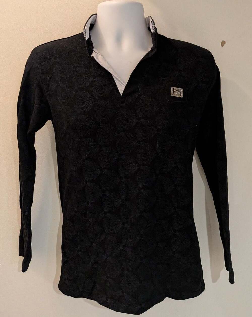 Emporio Armani Long Sleeve Polo Shirt Black Textured Jacquard